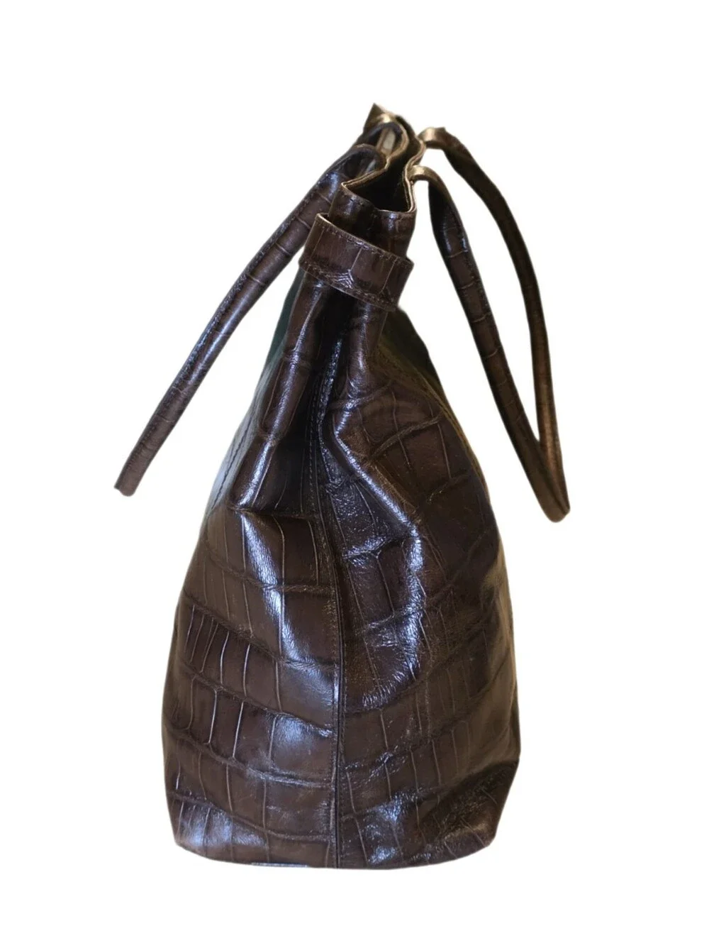 Vintage Kenneth Cole New York Espresso Croc Embossed Leather Tote Belted Buckle